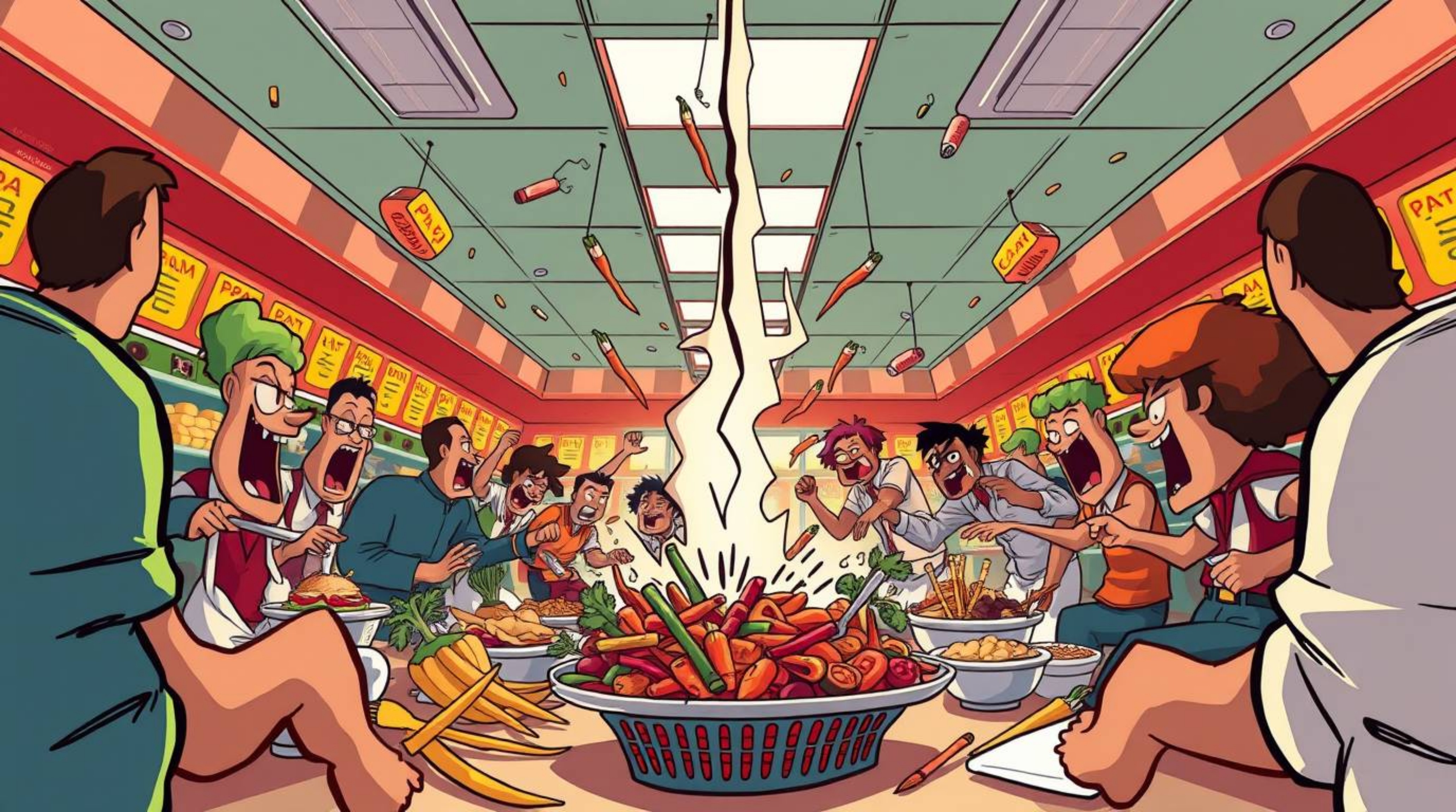 Experience a chaotic and visually stunning cartoon food fight in a cafeteria, captured from a dramatic split low-angle perspe