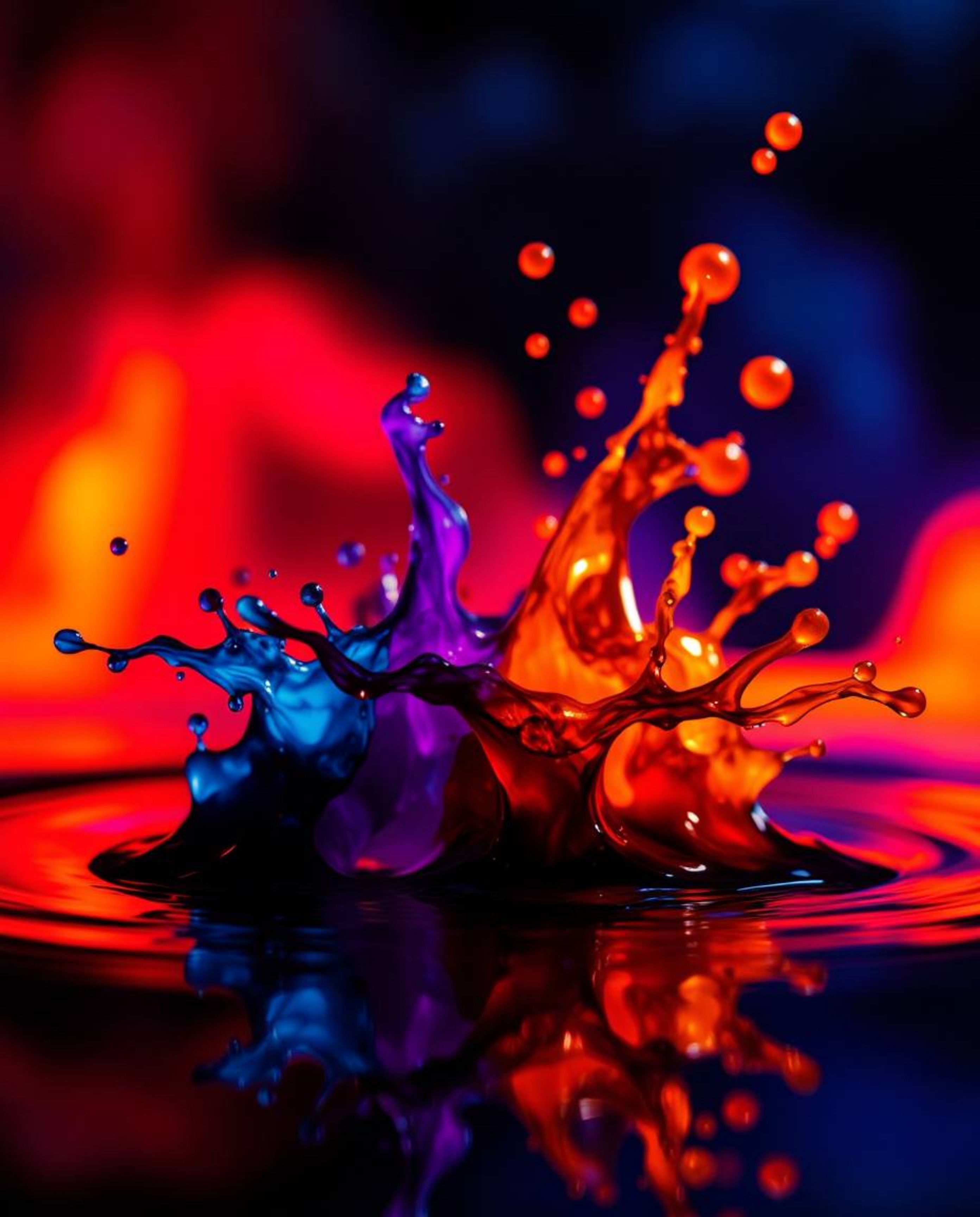 Explore captivating macro photography featuring ink in water, creating vibrant and colorful splash shapes against a vivid bac