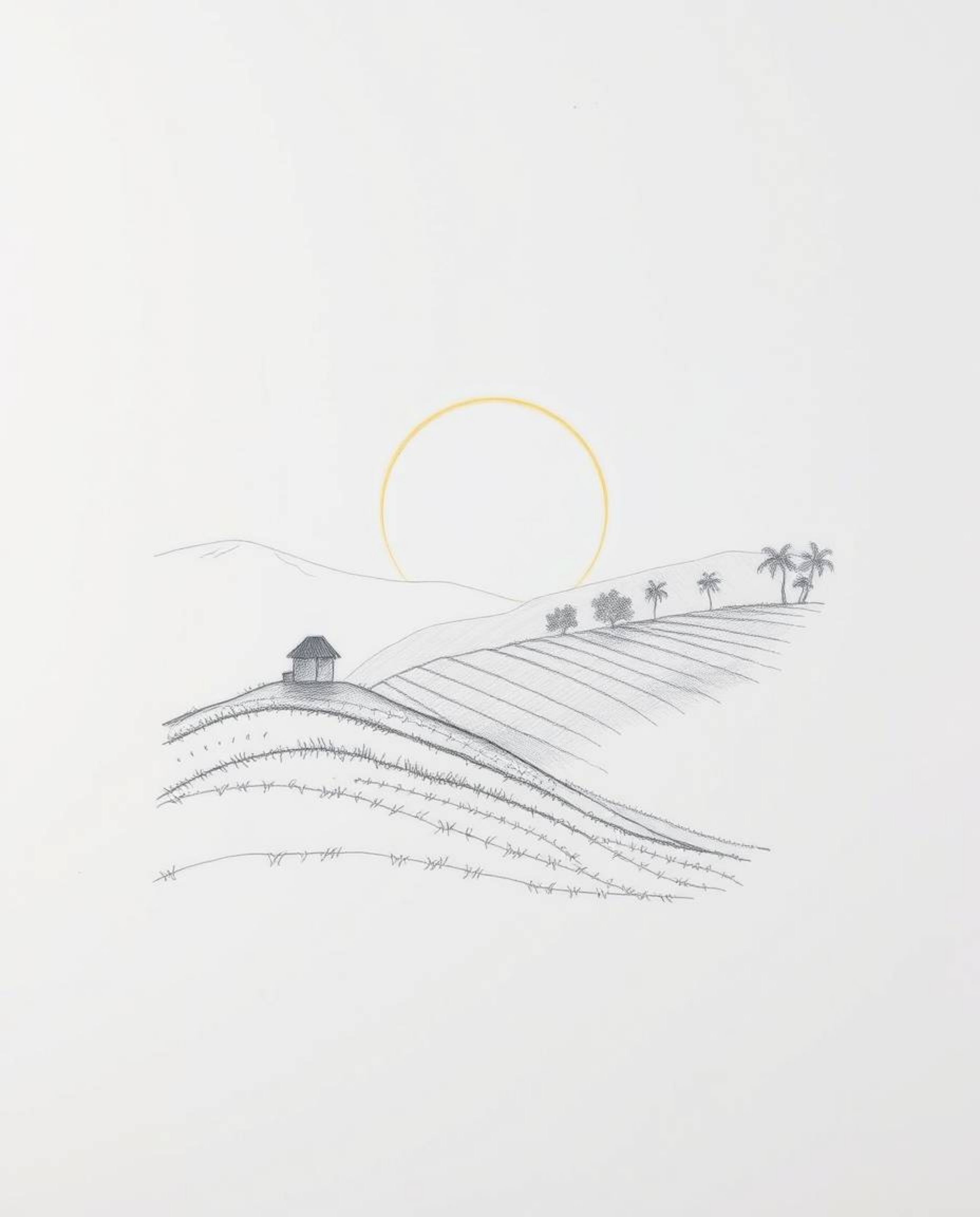 This is a hand-drawn sketch that captures a sunset over terraced tea plantations with an ethereal, spiritual vibe. The artwor