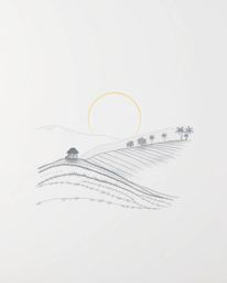 This is a hand-drawn sketch that captures a sunset over terraced tea plantations with an ethereal, spiritual vibe. The artwor