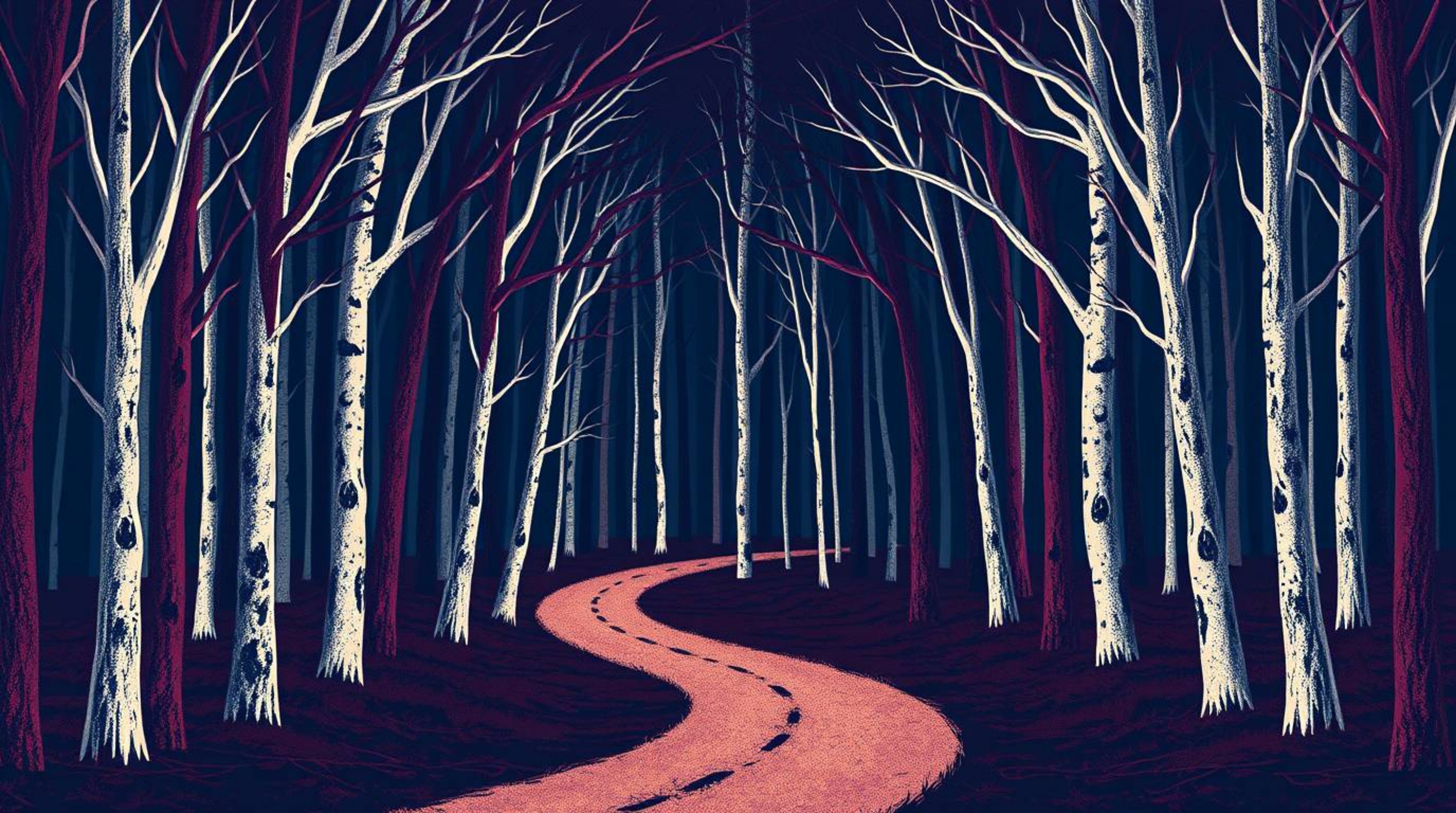 Experience a thrilling chase sequence set against a mesmerizing looping forest background.  Rendered in rich burgundy and dee