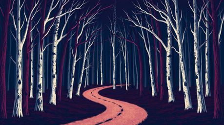 Experience a thrilling chase sequence set against a mesmerizing looping forest background.  Rendered in rich burgundy and dee