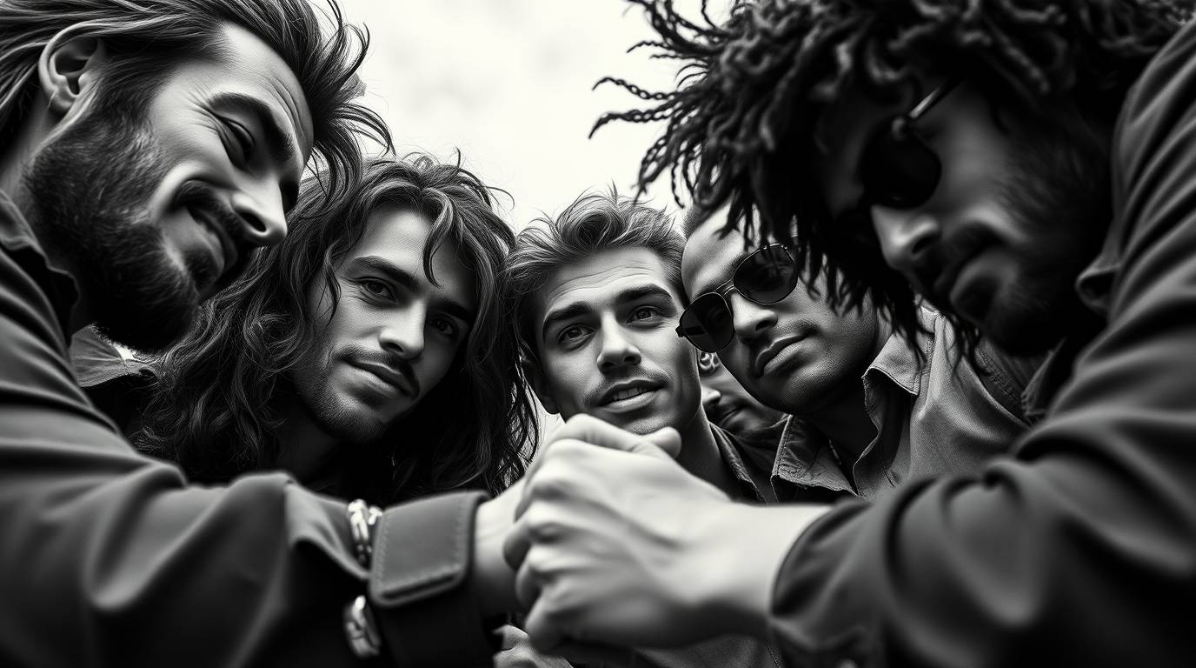 A captivating high-resolution black and white stock photo depicts a close-up of a diverse team of misfit heroes uniting. This