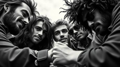 A captivating high-resolution black and white stock photo depicts a close-up of a diverse team of misfit heroes uniting. This