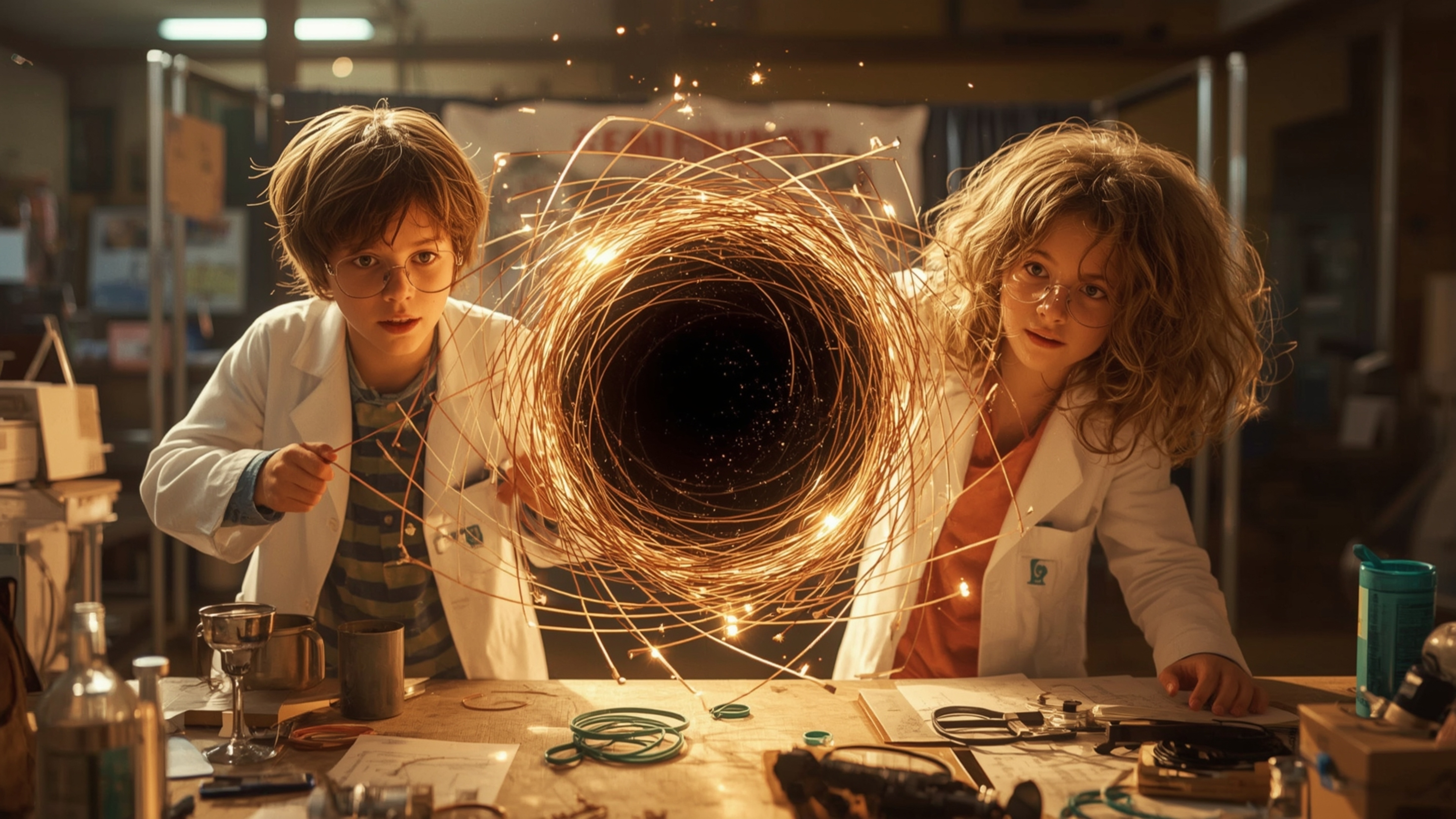 In a vibrant, cinematic photograph rendered in a fantastical, Pixar-inspired style, two enthusiastic science fair students—a 