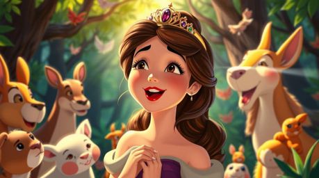 A princess with delicate features joyfully sings amidst a vibrant array of forest animals in a vintage 2D animation style. Fe