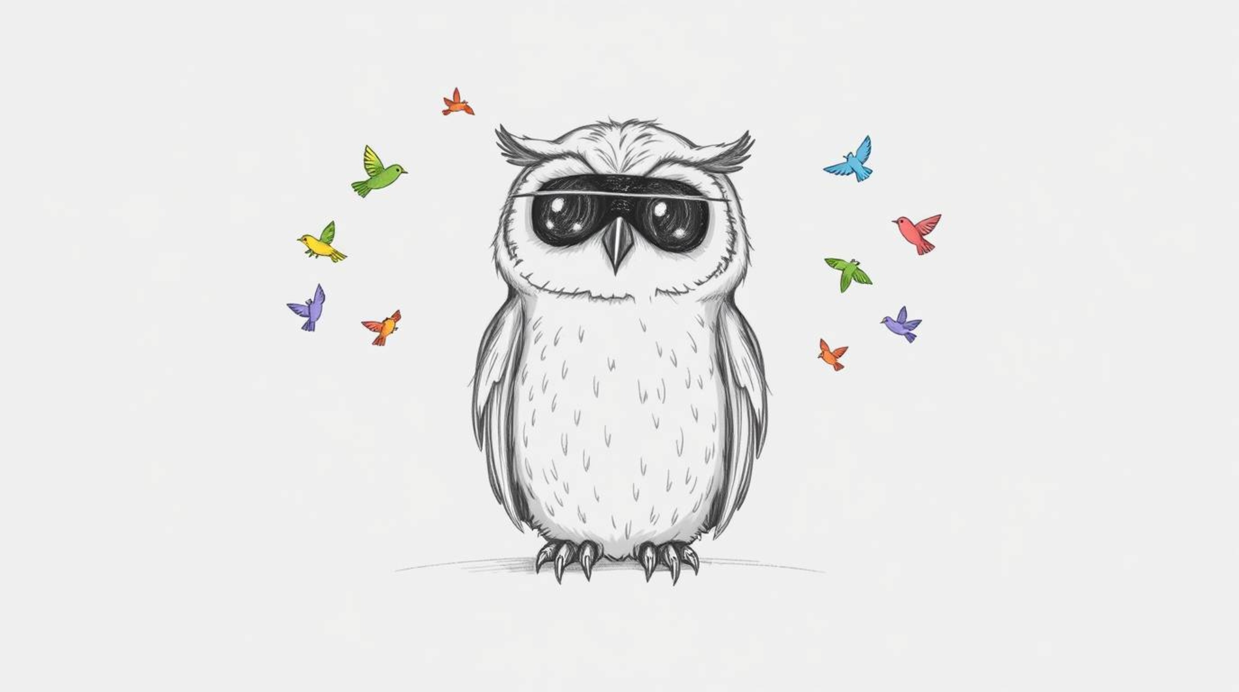 A hand-drawn sketch in Pixar style depicts a blind owl with a soft, feathery texture, calmly seated against a white backgroun