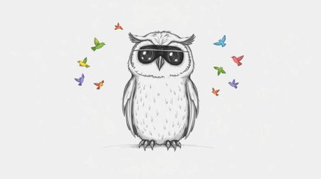 A hand-drawn sketch in Pixar style depicts a blind owl with a soft, feathery texture, calmly seated against a white backgroun