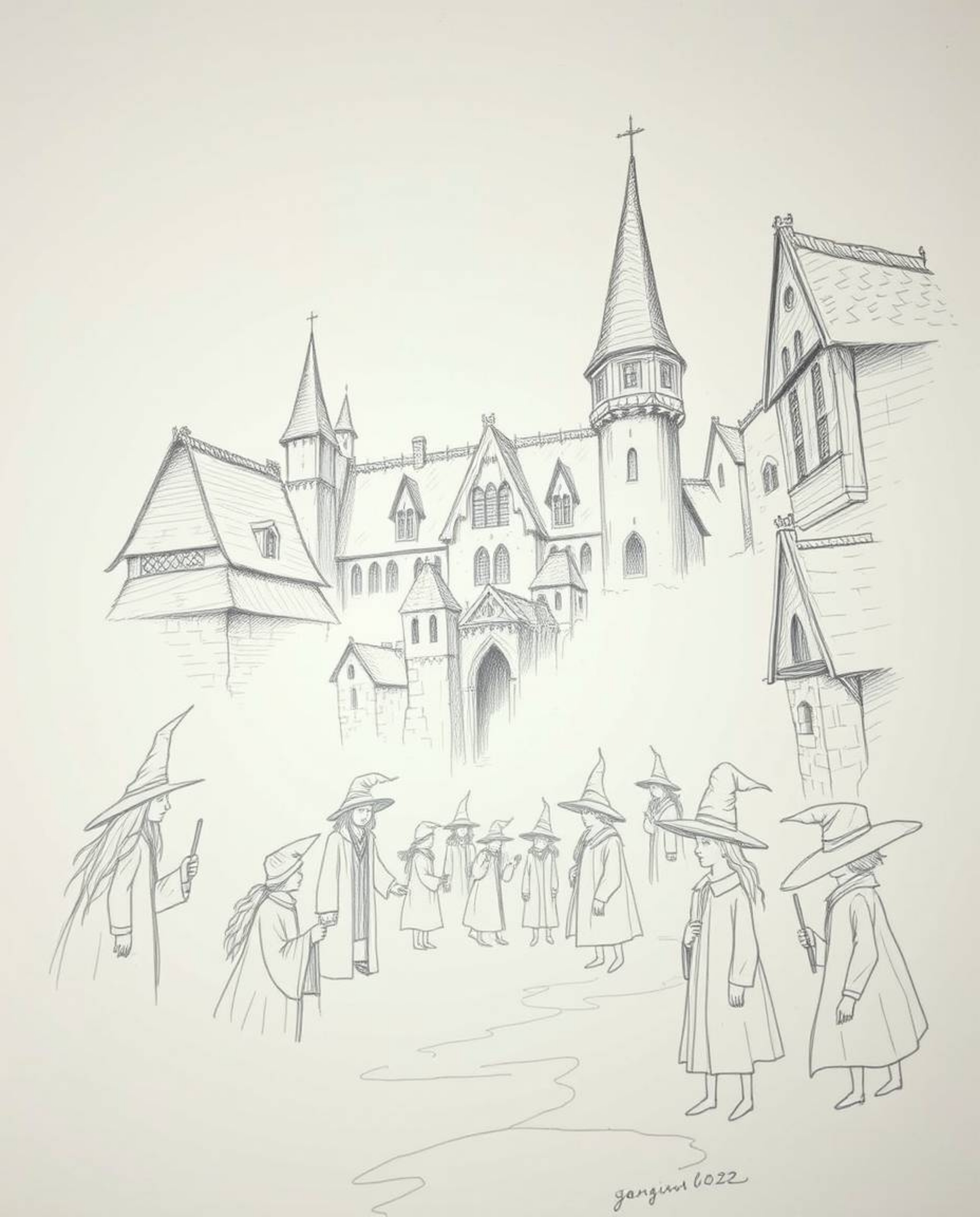 A magical school teeming with young wizards, beautifully rendered in a hand-drawn sketch style, shrouded in a thick, atmosphe
