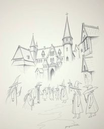 A magical school teeming with young wizards, beautifully rendered in a hand-drawn sketch style, shrouded in a thick, atmosphe