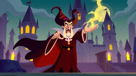 This digital illustration features a classic Disney villain casting a spell within a futuristic castle setting. The scene bo