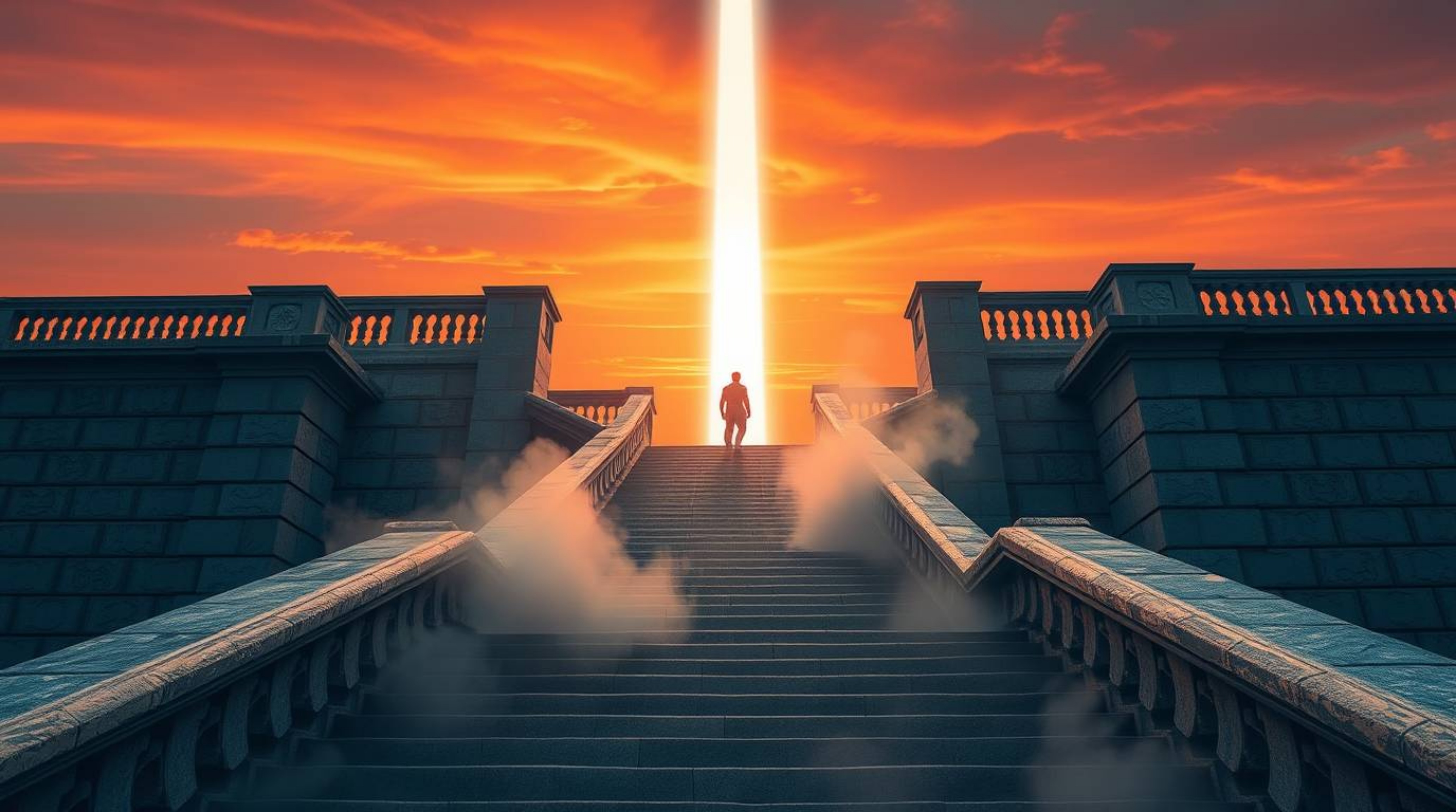 This image captures a precise architectural color photograph featuring a lone figure ascending a stone staircase towards a di