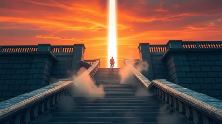 This image captures a precise architectural color photograph featuring a lone figure ascending a stone staircase towards a di