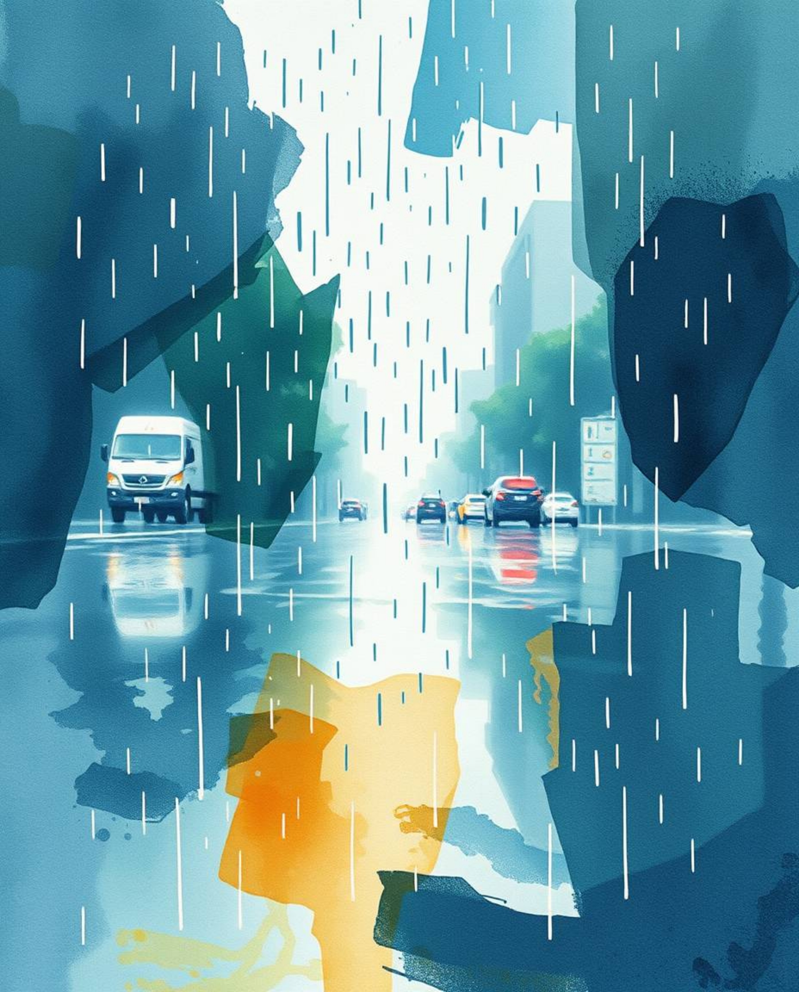 A captivating watercolor painting showcases a low-angle view of a wet, rainy scene.  Abstract shapes are blended with glitch 