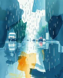 A captivating watercolor painting showcases a low-angle view of a wet, rainy scene.  Abstract shapes are blended with glitch 