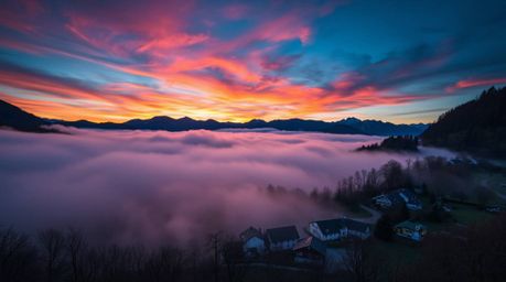 Discover a breathtaking image of a cozy village nestled in a misty valley, bathed in the dramatic colors of a vibrant sunrise