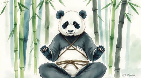 Immerse yourself in the serene beauty of this delicate watercolor painting. A martial artist panda finds inner peace meditati