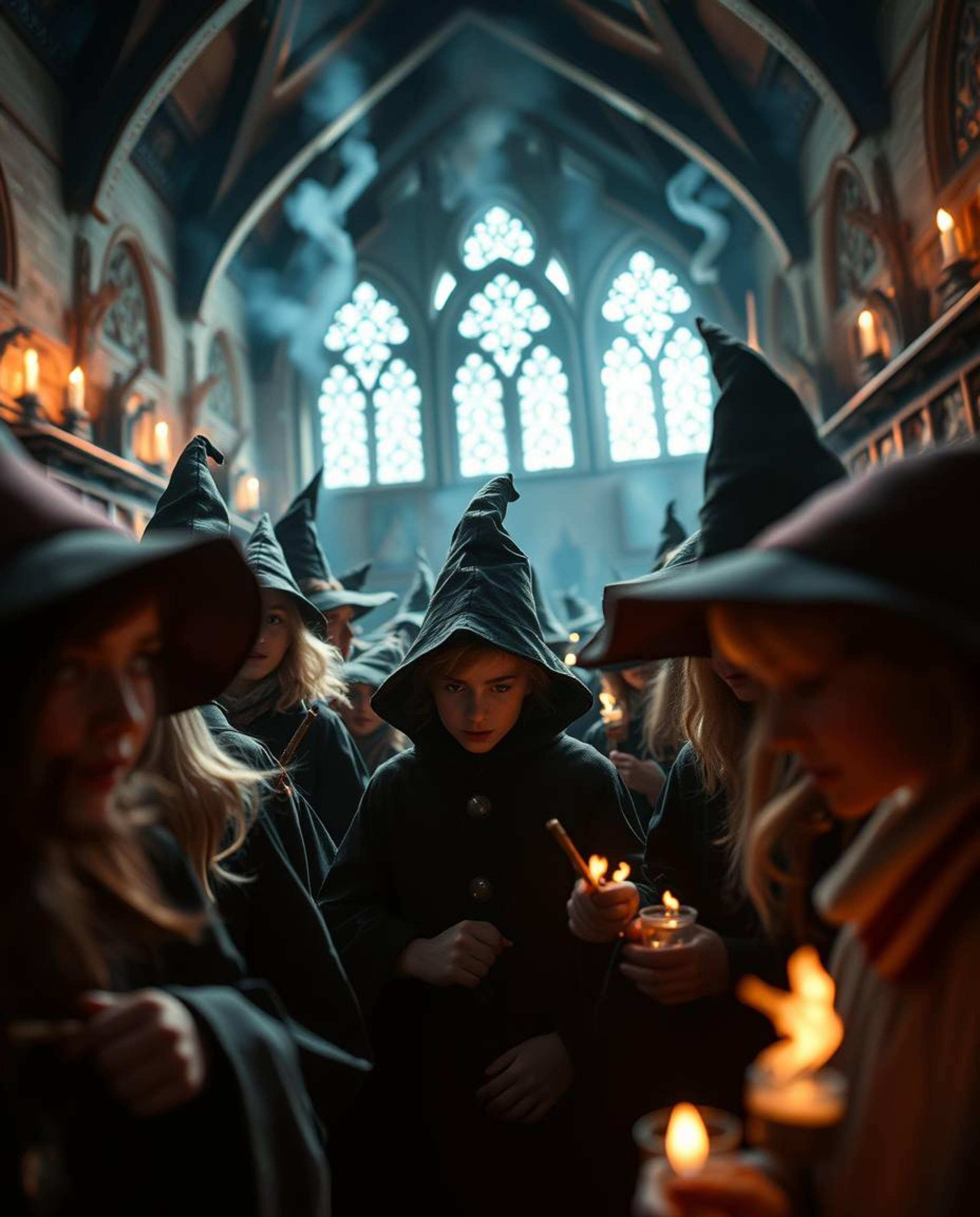 Explore an extreme macro close-up view of a magical school teeming with young wizards, bathed in intense dramatic lighting an