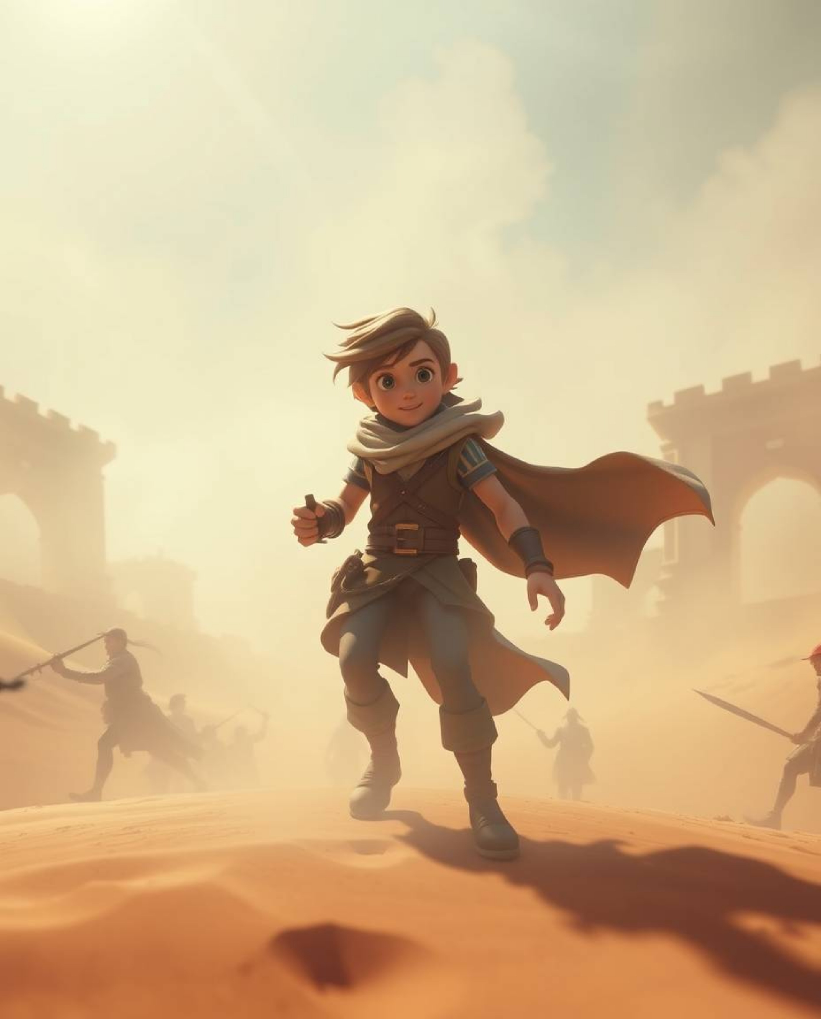 A brave Disney-style hero embarks on a surreal desert adventure. This dreamlike image features hazy, soft lighting, bizarre