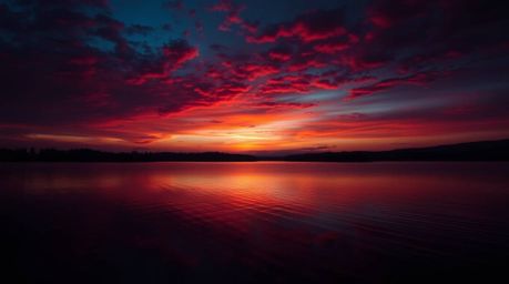 A visually striking scene featuring a serene lake reflecting a vivid sunset sky, rendered with high contrast and low-key ligh