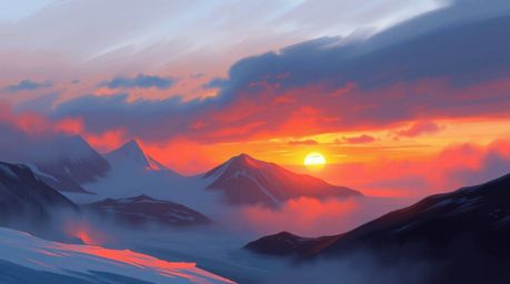 A captivating digital painting depicting a vibrant sunset over icy glaciers.  The artwork features loose painterly strokes, c