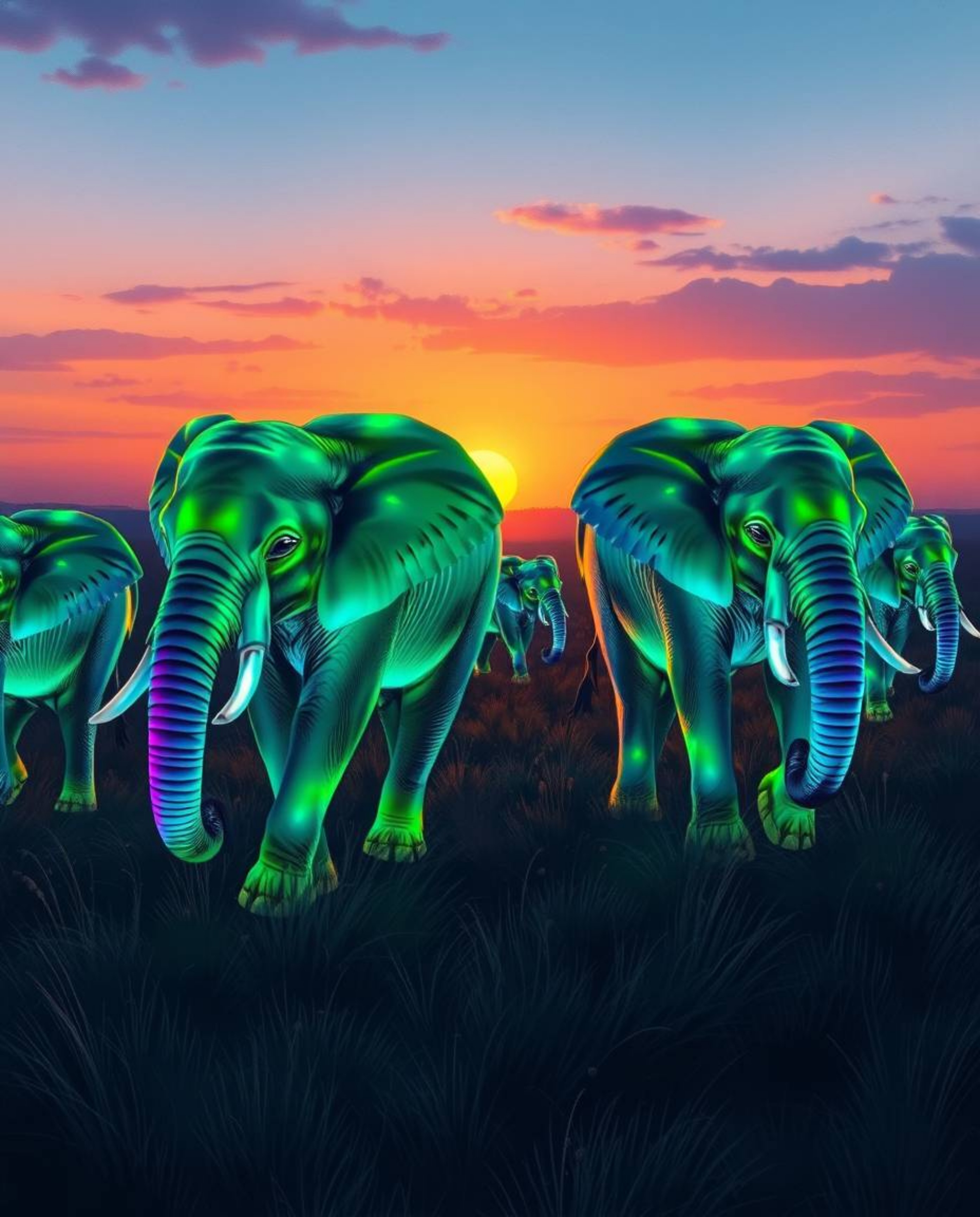 This is an illustration of bioluminescent elephants, their skin glowing with vibrant greens, blues, and purples as they walk 