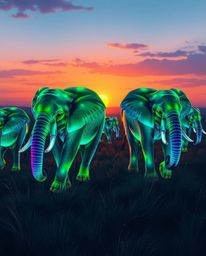 This is an illustration of bioluminescent elephants, their skin glowing with vibrant greens, blues, and purples as they walk 