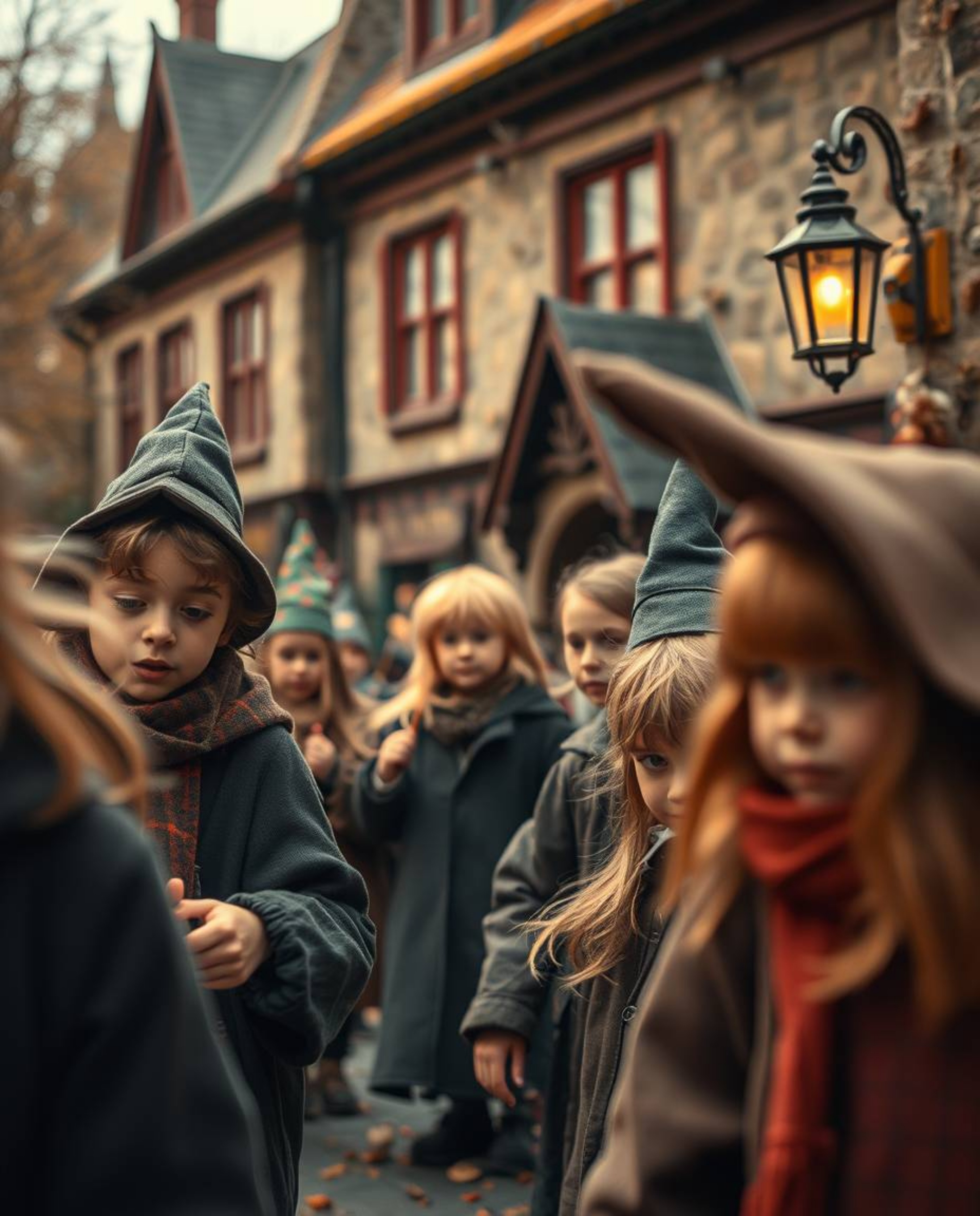 Capture the magic of a wizard school in candid urban settings with extreme macro close-ups. This photography style blends war