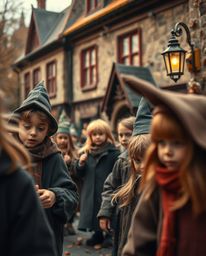 Capture the magic of a wizard school in candid urban settings with extreme macro close-ups. This photography style blends war
