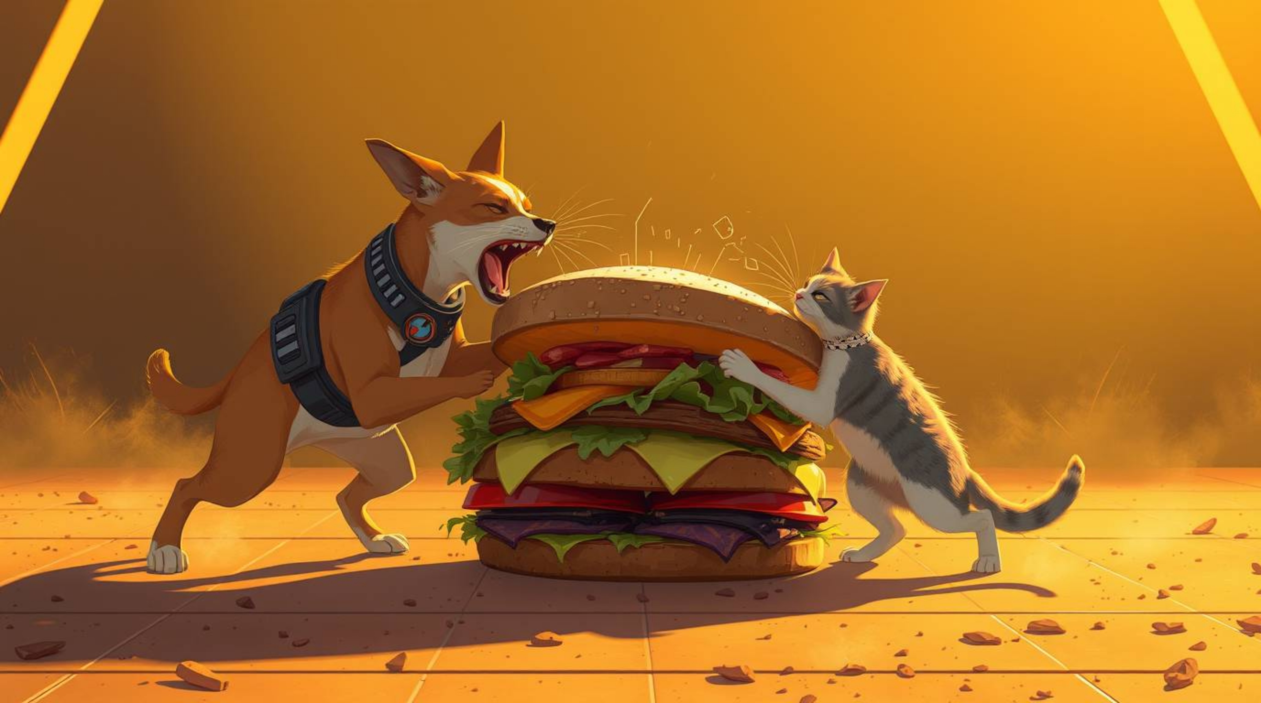 A futuristic sci-fi illustration depicts a comical yet intense battle between a dog and a cat, vying for control over an enor
