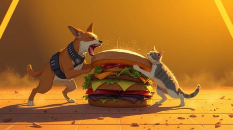 A futuristic sci-fi illustration depicts a comical yet intense battle between a dog and a cat, vying for control over an enor