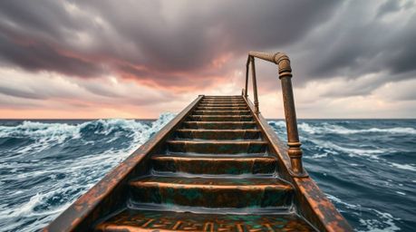 A stunning macro close-up image showcasing a cast bronze staircase dramatically emerging from the ocean and reaching towards 