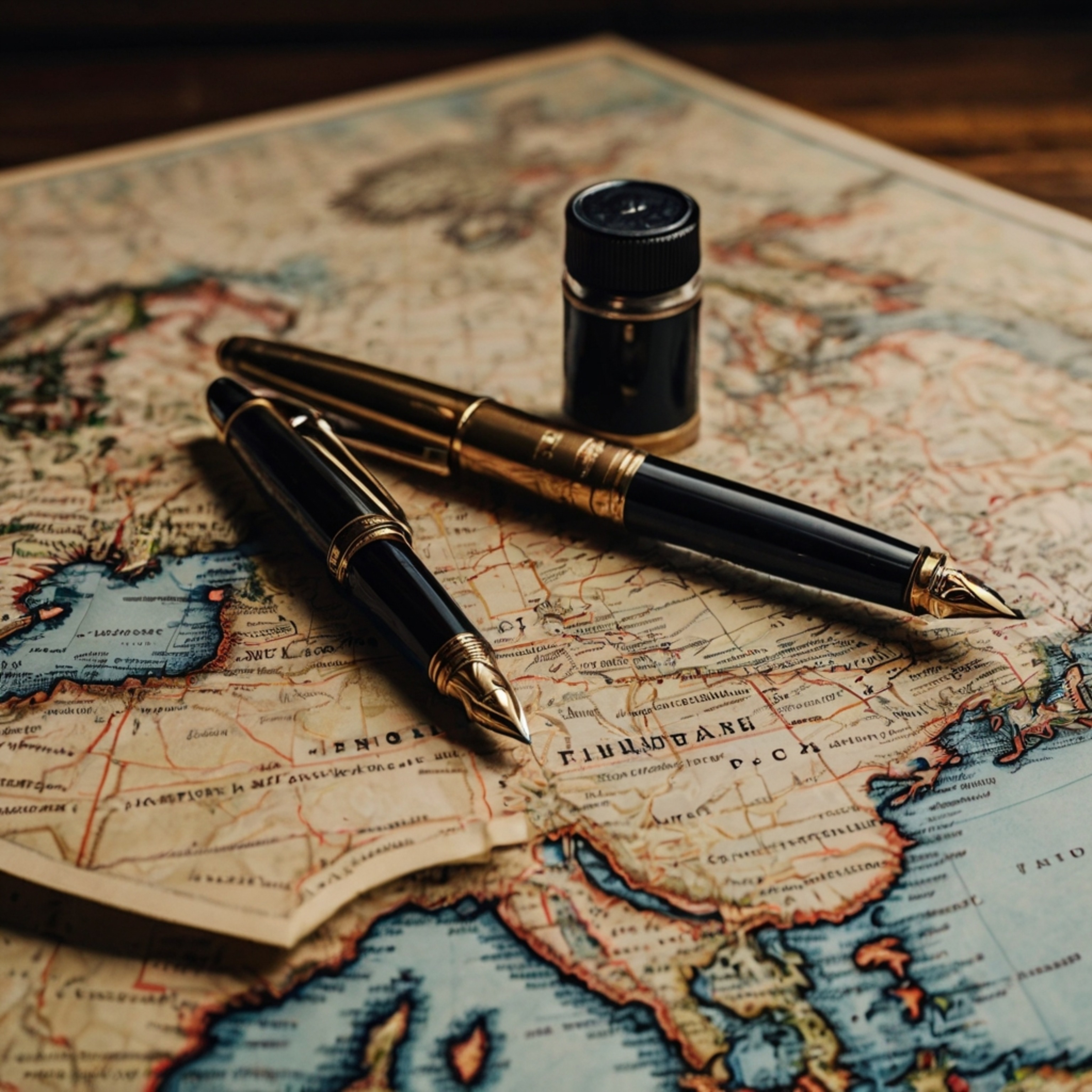 Explore a captivating tableau featuring a collection of vintage postcards and an elegant fountain pen, artfully arranged on a