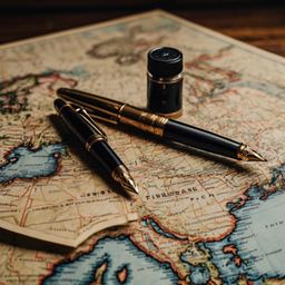 Explore a captivating tableau featuring a collection of vintage postcards and an elegant fountain pen, artfully arranged on a