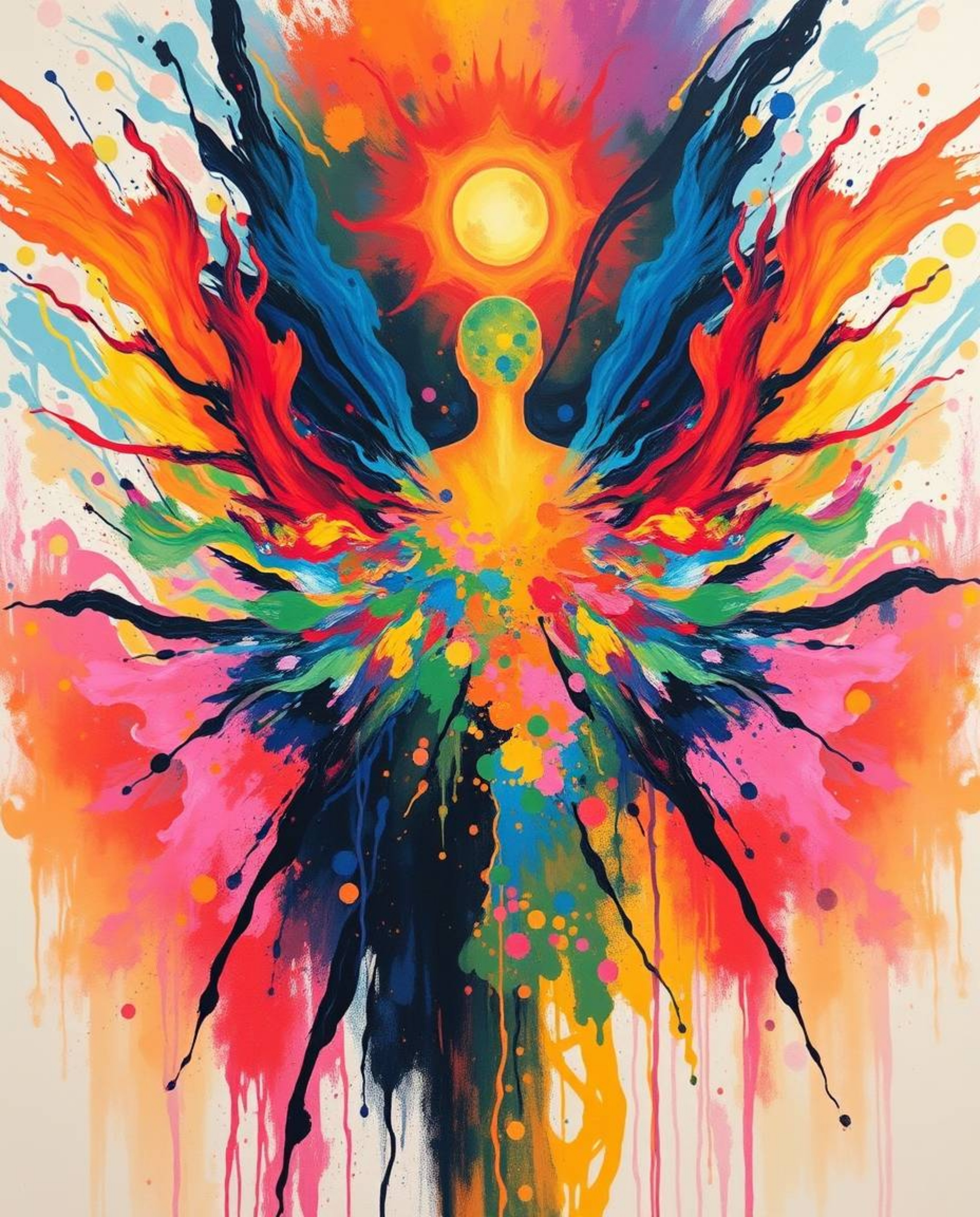 This bold acrylic painting captures an ethereal spiritual vibe through vibrant colors and textured brushstrokes.  Colorful sp