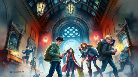 A captivating watercolor painting depicts a diverse group of heroic teenagers unraveling mysteries within a futuristic, haunt