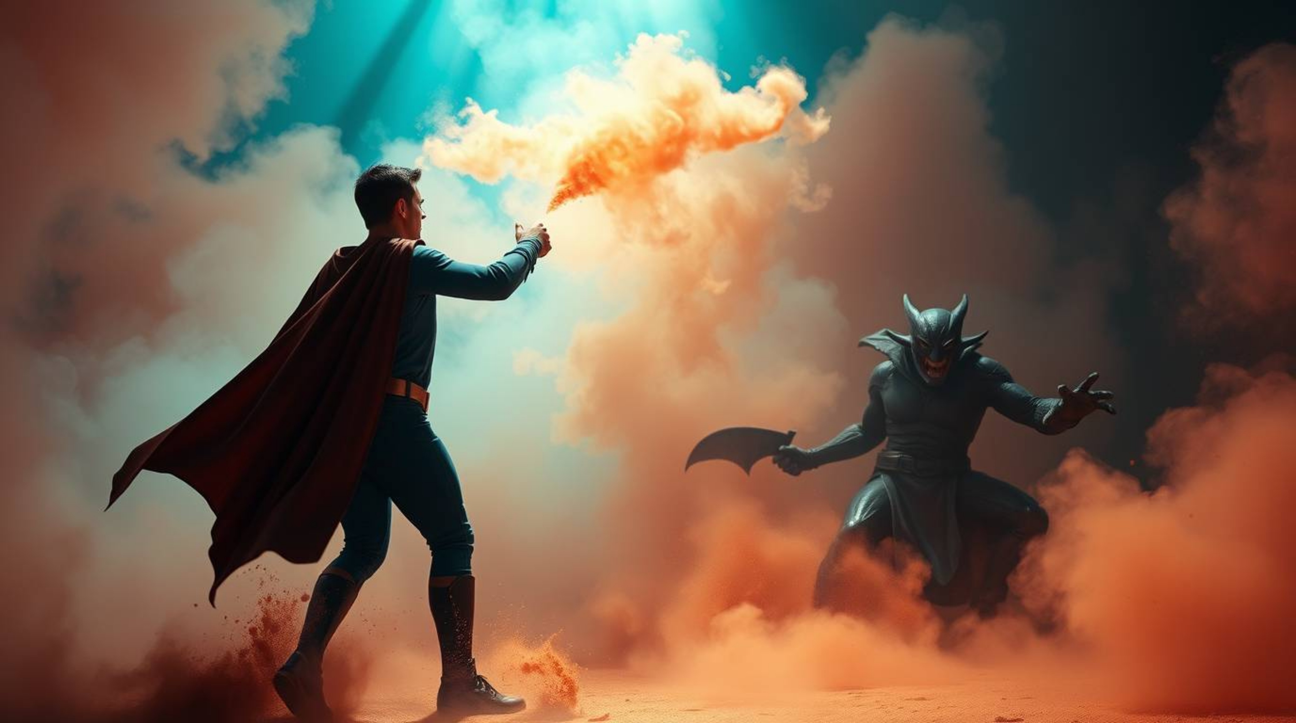 A dynamic scene depicting a superhero, cape billowing, engaged in a fierce battle against a comically-dressed villain. Volume