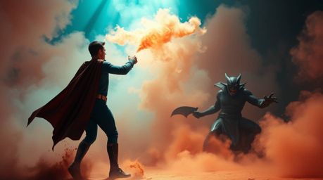 A dynamic scene depicting a superhero, cape billowing, engaged in a fierce battle against a comically-dressed villain. Volume