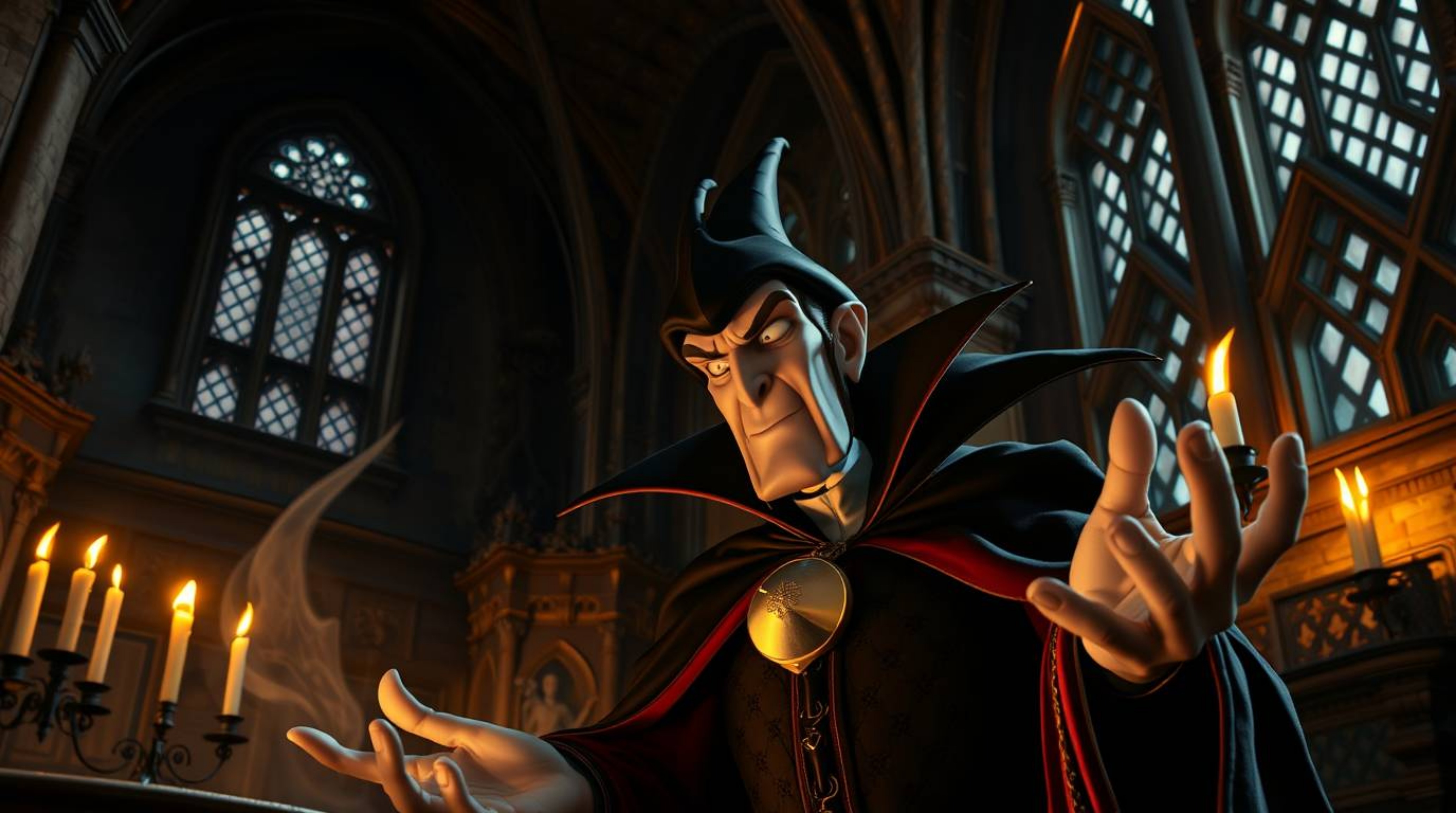 This captivating architectural color photograph captures a classic Disney villain in a moment of powerful enchantment within 