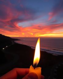 This artwork captures a sunset sky over a winding coastal highway, uniquely illuminated by the warm glow of candlelight. The 