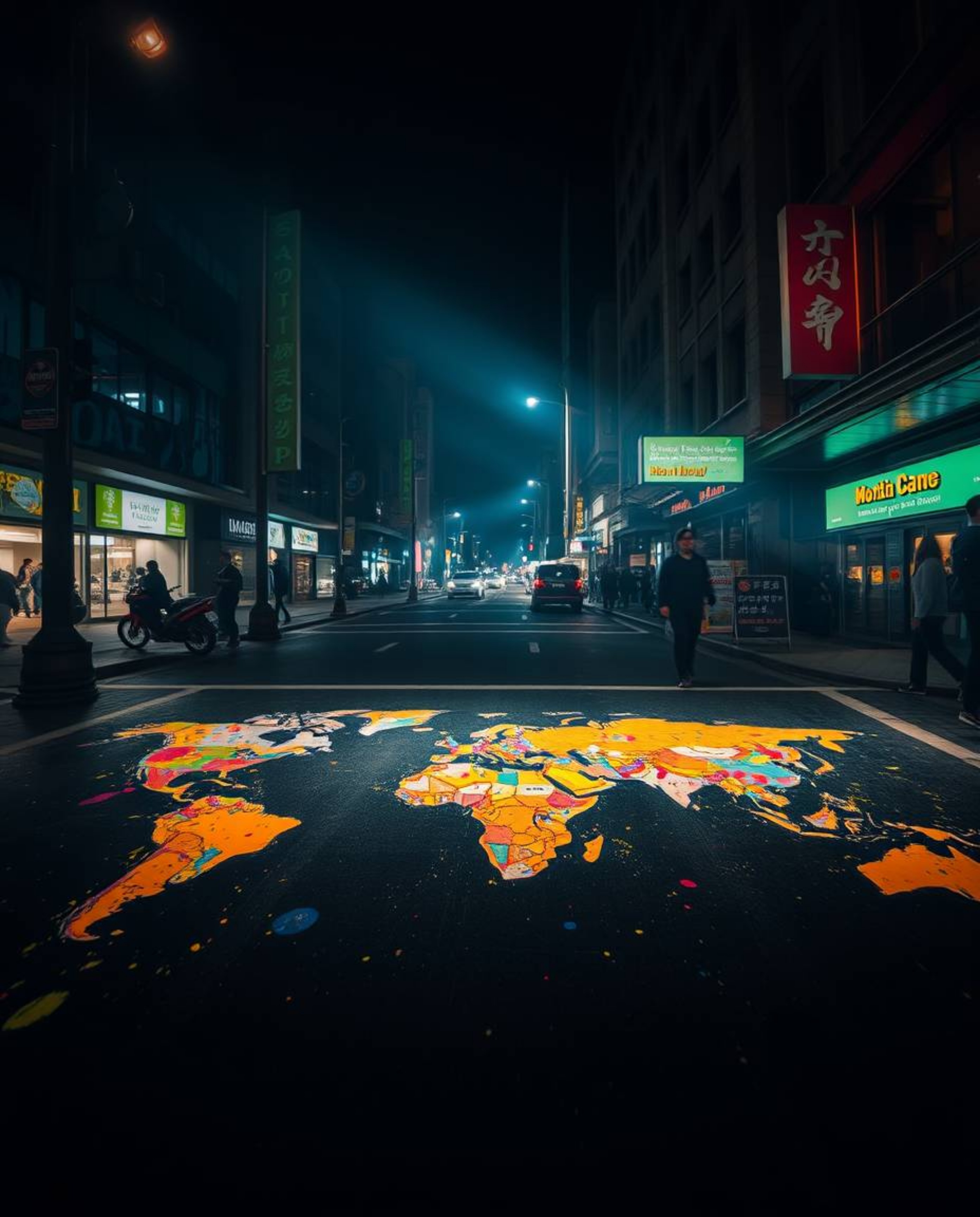 A captivating street photograph showcases an abstract world map crafted from vibrant, colorful splashes, dramatically lit to 