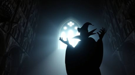 A classic Disney villain, dramatically silhouetted against a bright light source, casts a spell within a grand old castle. Th