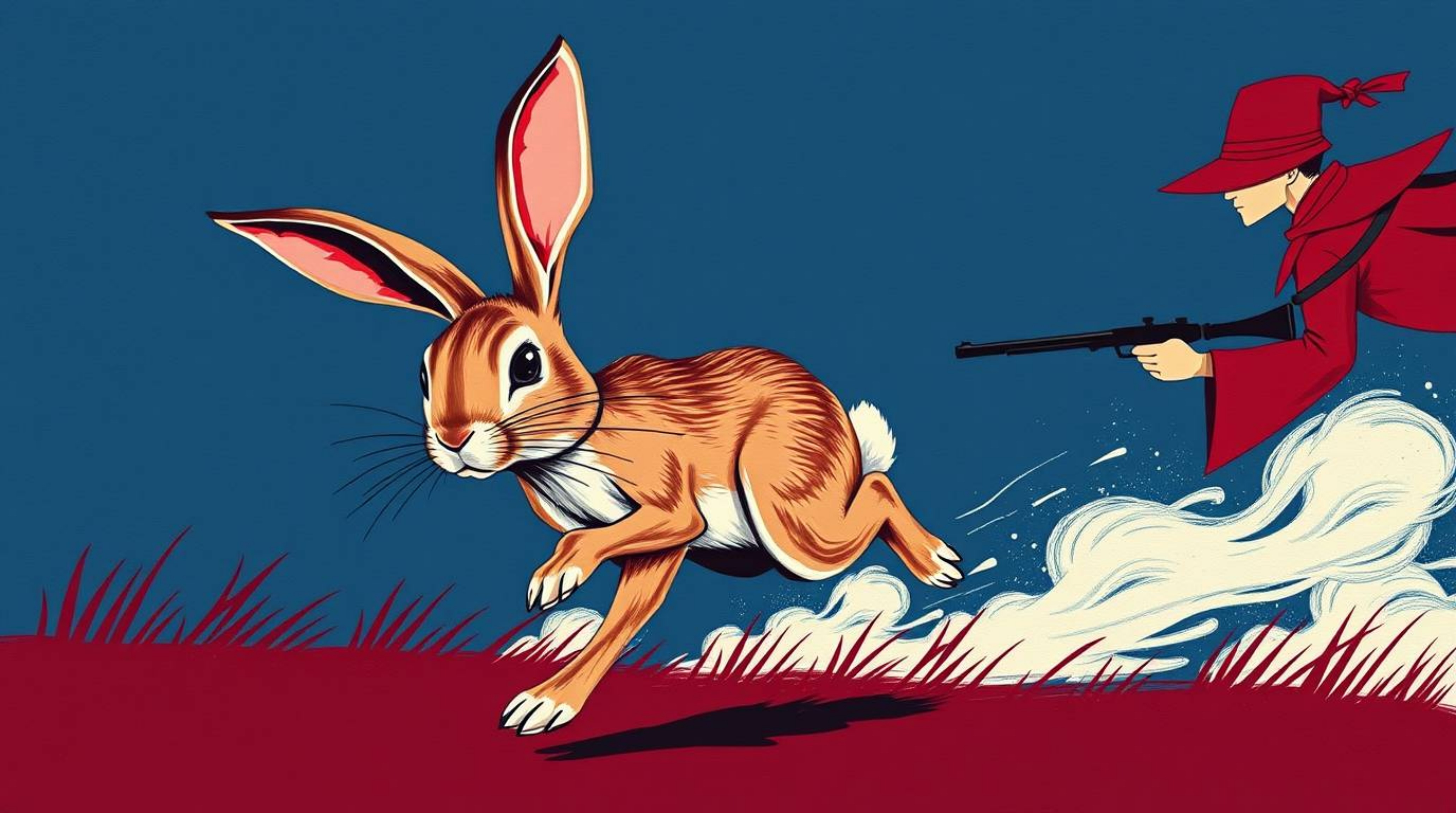 Experience a sophisticated and elegant depiction of a wacky rabbit with refined features outsmarting a hunter in a playful ch