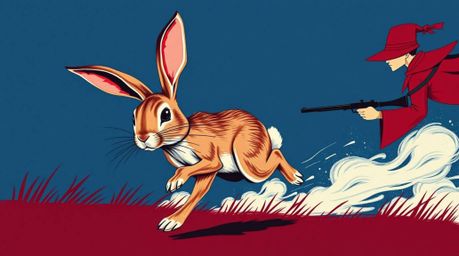 Experience a sophisticated and elegant depiction of a wacky rabbit with refined features outsmarting a hunter in a playful ch