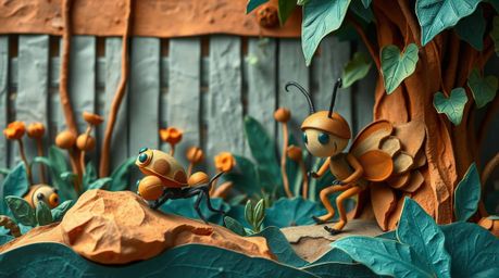 Discover a captivating papier-mâché artwork featuring a miniature hero navigating a vibrant backyard jungle.  The piece utili
