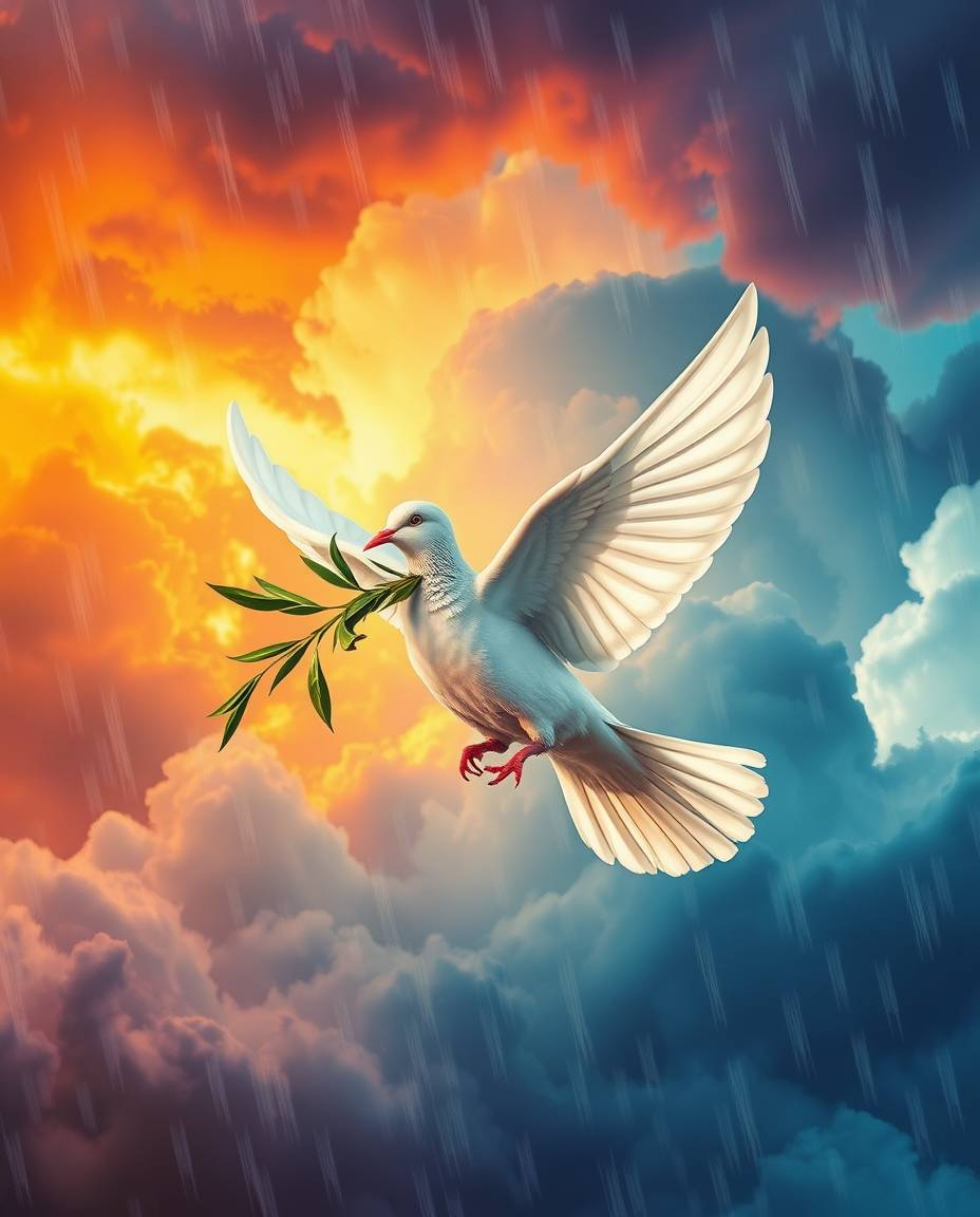 Witness the powerful imagery of a dove carrying an olive branch through turbulent, yet vibrant skies. This scene captures a f