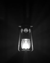 A captivating image of a glowing lantern in a dark forest, showcasing classic black and white volumetric lighting. The timele