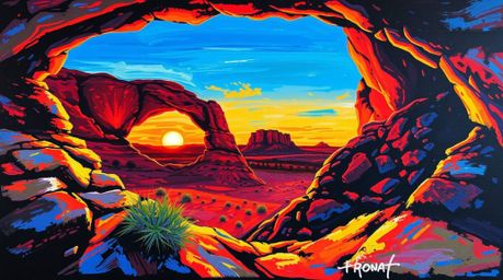 A stunning bold acrylic painting depicts a breathtaking sunset viewed through a natural desert rock arch.  The artwork showca