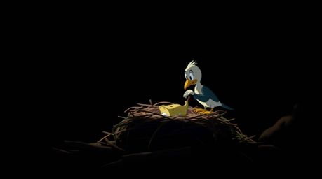 A visually striking scene featuring two cartoon birds building a nest in a classic animation style, rendered with high-contra