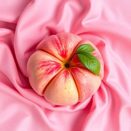 Overhead, high-resolution view of a vibrant, blushing pink peach realized in sculptural clay art. The peach rests on delicate